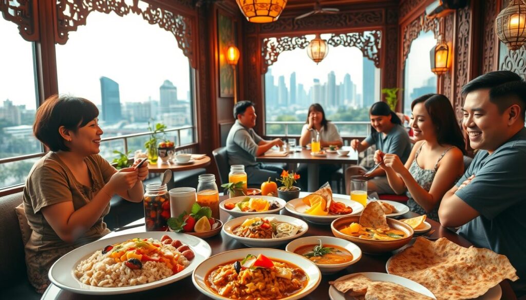 A vibrant, multicultural breakfast scene set in a cozy Singaporean cafe. In the foreground, an elaborate spread of local delicacies - steaming plates of nasi goreng, fragrant curry laksa, and crispy roti prata - adorned with colorful condiments and fresh tropical fruits. Warm, soft lighting illuminates the rich textures and vibrant hues. The middle ground features a diverse group of diners, each enjoying their meal with animated conversation and laughter, surrounded by traditional Peranakan-inspired decor and ornate woodcarvings. In the background, a panoramic view of the Singapore skyline, with iconic landmarks peeking through the windows, creating a harmonious blend of modern and heritage elements.