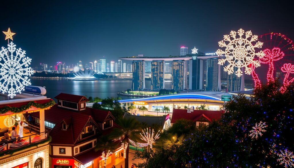 A vibrant nightscape of Singapore's iconic Christmas light displays, illuminating the bustling streets and towering skyscrapers. In the foreground, a dazzling array of glittering LED decorations adorns the shophouses and trees, casting a warm and festive glow. The middle ground features the magnificent Marina Bay Sands complex, its iconic architecture reflected in the calm waters. In the background, the city skyline is ablaze with twinkling lights, creating a breathtaking, magical atmosphere. The image is captured with a wide-angle lens, emphasizing the scale and grandeur of the scene, and lit by a combination of natural and artificial lighting, highlighting the intricate details and vibrant colors.