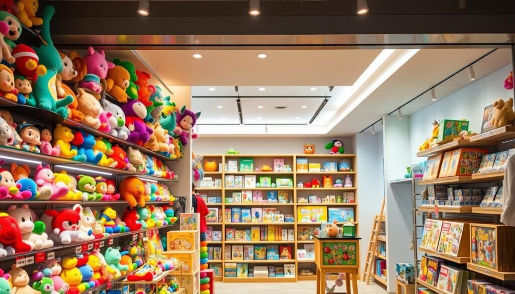 A vibrant online toy store in Singapore, filled with a diverse array of colorful and engaging toys. The storefront showcases a captivating display of playthings, from plush animals to educational puzzles, all bathed in warm, inviting lighting. In the middle ground, shelves brimming with creative crafts and board games beckon customers to explore. The background reveals a sleek, modern interior with minimalist decor, creating a welcoming atmosphere for toy enthusiasts. The scene conveys a sense of wonder and discovery, perfectly encapsulating the essence of the best online toy stores in Singapore.