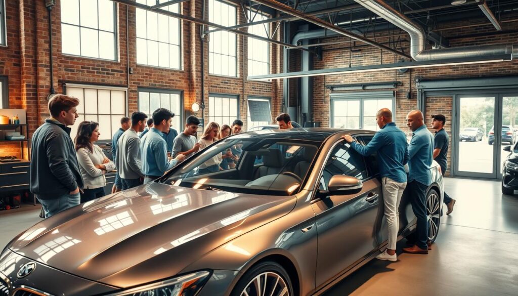 A vibrant, open-air car detailing studio with a lively social atmosphere. In the foreground, a group of friends gathered around a gleaming luxury sedan, discussing the latest detailing techniques and admiring the meticulous work. Soft, warm lighting casts a welcoming glow, while sleek tools and high-quality products are neatly arranged on a central workbench. In the middle ground, talented detailers skillfully apply waxes and polishes, transforming the vehicle's surface to a mirror-like shine. The background features a modern, industrial-chic setting with exposed brick walls and large windows, allowing natural light to flood the space and create an energetic, community-driven vibe.