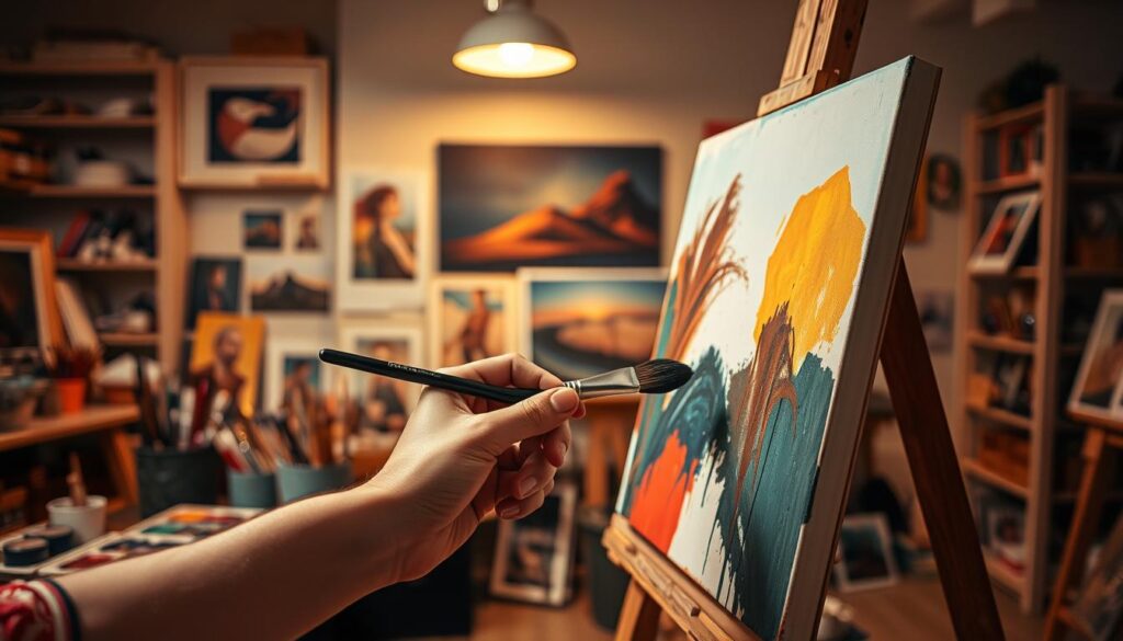 A vibrant painting process unfolds in a well-lit studio. In the foreground, a skilled artist's hand meticulously applies bold brushstrokes of paint to a canvas, capturing the dynamic motion of the creative act. The middle ground showcases an array of painting tools - brushes, palettes, and color tubes - arranged in an organized manner, hinting at the technical expertise required. In the background, shelves display completed artworks, suggesting a passion for the craft and a commitment to exceptional results. Warm lighting casts a soft, inviting glow, evoking a sense of professionalism and attention to detail that permeates every step of the painting process.