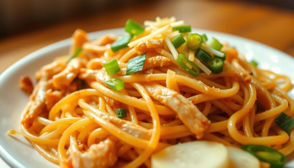 A vibrant plate of delectable fried vermicelli noodles, glistening with a delicate golden hue, nestled among tender shredded chicken, crisp bean sprouts, and fragrant scallions. The noodles are perfectly al dente, with a satisfying chewiness that complements the savory flavors. Soft, diffused lighting illuminates the dish, casting a warm, inviting glow that beckons the viewer to take a bite. The composition is carefully balanced, with the noodles and chicken taking center stage, surrounded by a mouthwatering array of complementary ingredients. This is the quintessential "economic bee hoon" dish, a beloved Singaporean classic that captures the essence of hearty, affordable, and delicious street food. A vibrant plate of delectable fried vermicelli noodles, glistening with a delicate golden hue, nestled among tender shredded chicken, crisp bean sprouts, and fragrant scallions. The noodles are perfectly al dente, with a satisfying chewiness that complements the savory flavors. Soft, diffused lighting illuminates the dish, casting a warm, inviting glow that beckons the viewer to take a bite. The composition is carefully balanced, with the noodles and chicken taking center stage, surrounded by a mouthwatering array of complementary ingredients. This is the quintessential "economic bee hoon" dish, a beloved Singaporean classic that captures the essence of hearty, affordable, and delicious street food.