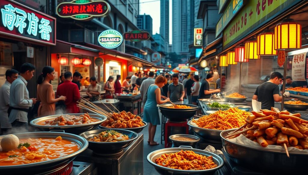 A vibrant, realistic scene of unique Singaporean street food specialties. In the foreground, prominent dishes like steaming plates of spicy, aromatic laksa, fragrant chicken satay with peanut sauce, and crispy, golden-brown chicken rice. The middle ground features colorful, sizzling wok-fried carrot cake and noodle dishes, with vendors in traditional attire tending to the stalls. In the background, a bustling open-air hawker center with lively crowds, neon signs, and a mix of traditional and modern Singaporean architecture. The lighting is warm and natural, with a hint of evening glow, capturing the lively, authentic atmosphere of Singaporean street food culture.