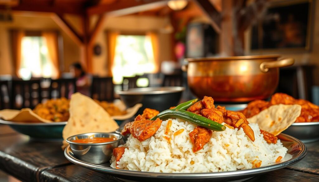 A vibrant scene of authentic nasi kandar dishes, showcased on a rustic wooden table. In the foreground, a steaming plate of fluffy nasi kandar rice, layered with tender, fragrant curry chicken and aromatic long beans. Alongside, a crisp papadum cracker and a small bowl of tangy, vibrant chutney. In the middle ground, a copper pot simmers with rich, spice-infused gravy, its steam rising gently. The background is a warm, inviting space, with natural light filtering through wooden beams and a hint of traditional Malaysian decor. The overall mood is one of homely comfort and mouthwatering authenticity.