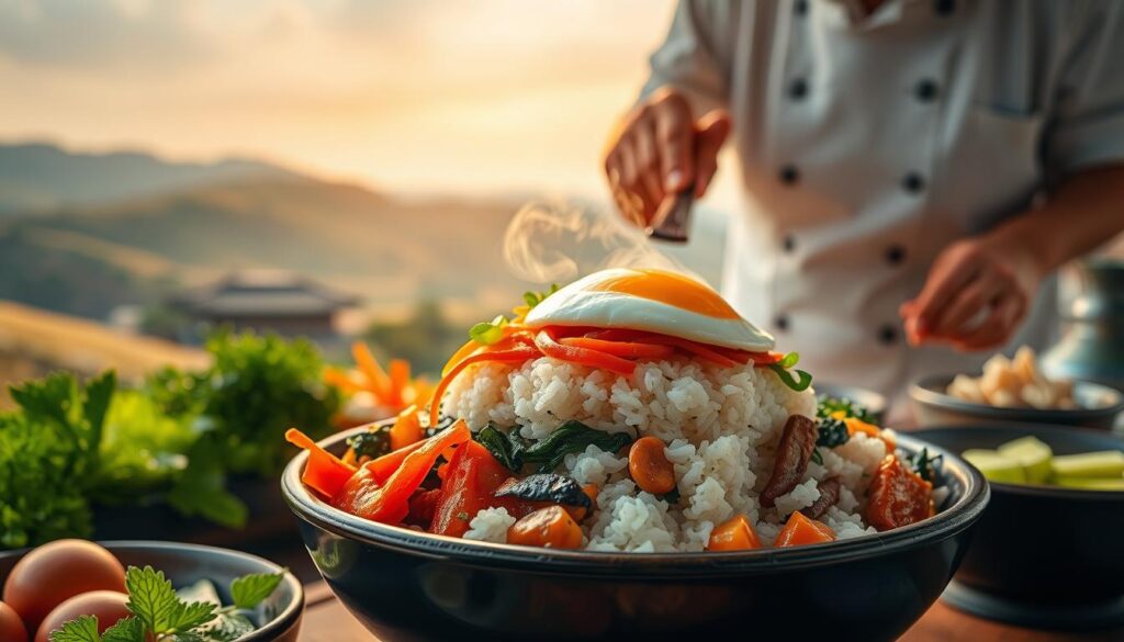 A vibrant scene of traditional Korean bibimbap history unfolds. In the foreground, a skilled chef meticulously assembles the dish, layering steaming rice, sautéed vegetables, and a perfectly cooked egg. The middle ground showcases an array of authentic Korean ingredients, each with its distinct texture and flavor. In the background, a serene landscape of rolling hills and traditional hanok architecture sets the stage, evoking the deep-rooted culinary traditions of Korea. The lighting is warm and natural, capturing the essence of the dish and its cultural heritage. The composition is balanced, drawing the viewer's eye through the layers of the image, creating a sense of depth and atmosphere that reflects the beloved history of bibimbap.