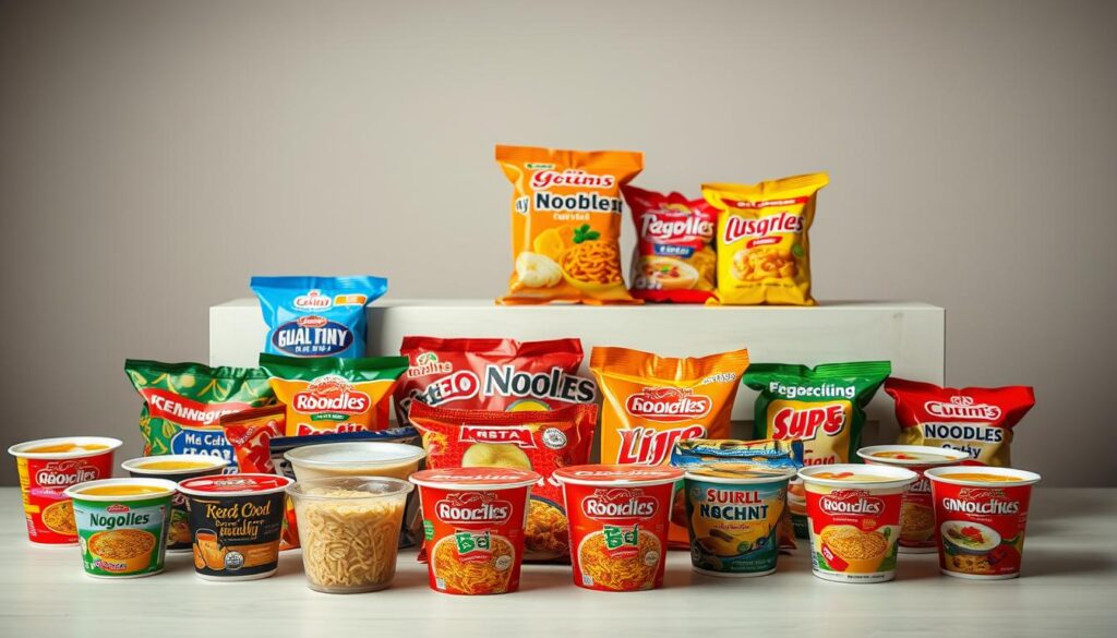 A vibrant still life composition showcasing a selection of the most popular instant noodle varieties found in Singapore. Arranged in the foreground are a diverse array of noodle cups and packets, each with distinct packaging and flavors, capturing the rich culinary diversity of the local market. In the middle ground, a clean, minimalist table surface provides a neutral backdrop, allowing the noodle products to take center stage. The lighting is soft and diffused, creating a warm, inviting atmosphere that enhances the visual appeal of the scene. The overall composition is balanced and visually striking, highlighting the best instant noodle offerings that Singapore has to offer.