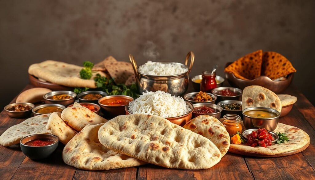 A vibrant still life of an assortment of traditional Indian breads and accompaniments, artfully arranged on a rustic wooden table, bathed in warm, soft lighting. In the foreground, a variety of freshly baked naan, roti, and paratha breads, their textures and colors showcased. Surrounding them, an array of delectable chutneys, pickles, and curries, each with its own distinct hue and aroma. In the middle ground, a copper serving vessel filled with fragrant basmati rice, steaming and inviting. The background features a textured wall, hinting at an authentic Indian kitchen setting, creating a welcoming and immersive atmosphere.