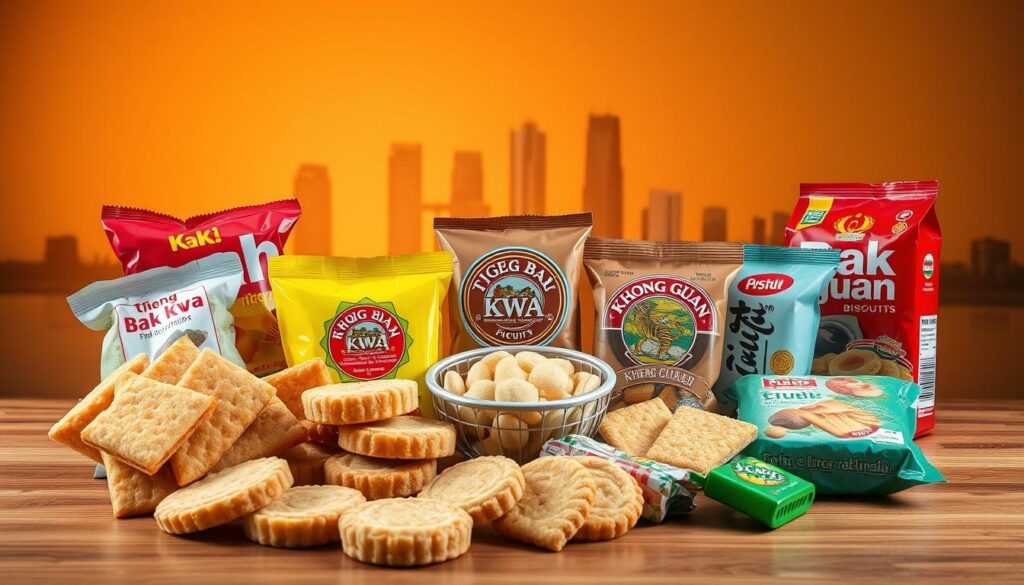 A vibrant still life showcasing an assortment of iconic Singaporean snack brands. In the foreground, a selection of classic treats - pineapple tarts, prawn crackers, and Kaya toast - arranged artfully on a wooden tabletop. The middle ground features the distinct packaging of beloved snack labels like Bak Kwa, Tiger Balm, and Khong Guan biscuits, casting warm, natural lighting across the scene. In the background, a faint outline of the Singapore skyline provides a subtle nod to the local heritage. The overall composition evokes a sense of nostalgia and celebration of Singapore's beloved snacking traditions.