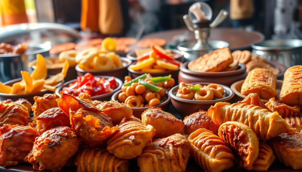 A vibrant still life showcasing an assortment of savory Singaporean snacks. In the foreground, an array of crispy golden-brown otah (spicy grilled fish cakes) and fragrant curry puffs with flaky pastry shells. In the middle ground, an array of colorful murukku (savory spiral crackers) and achar (pickled vegetables) in earthenware dishes. The background features steaming hot pots of kaya toast, a beloved local breakfast delicacy. The scene is bathed in warm, natural lighting, highlighting the textural details and mouthwatering appeal of these beloved Singaporean delights. The overall mood evokes the bustling hawker centers and traditional snack shops that have nourished generations of Singaporeans.