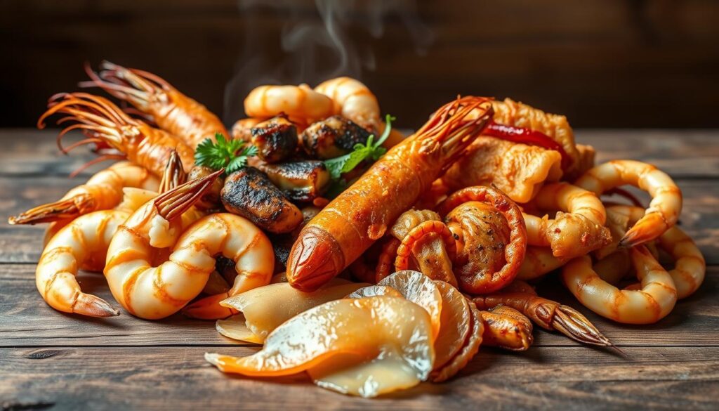 A vibrant still life showcasing an enticing array of prawn and sotong otah, artfully arranged on a rustic wooden surface. The plump, succulent prawns and tender, tender squid are beautifully complemented by the golden-brown, lightly charred exterior of the otah, their aroma wafting invitingly. Soft, diffused lighting casts a warm glow, highlighting the rich colors and textures. The composition is balanced, with the otah taking center stage, surrounded by the seafood ingredients in the foreground. The background features a simple, uncluttered setting, allowing the delectable otah varieties to be the star of the scene. A vibrant still life showcasing an enticing array of prawn and sotong otah, artfully arranged on a rustic wooden surface. The plump, succulent prawns and tender, tender squid are beautifully complemented by the golden-brown, lightly charred exterior of the otah, their aroma wafting invitingly. Soft, diffused lighting casts a warm glow, highlighting the rich colors and textures. The composition is balanced, with the otah taking center stage, surrounded by the seafood ingredients in the foreground. The background features a simple, uncluttered setting, allowing the delectable otah varieties to be the star of the scene.