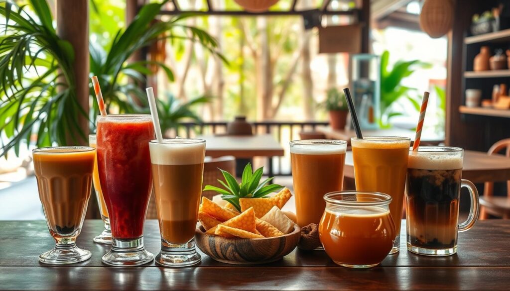 A vibrant still life showcasing the diverse range of traditional Singapore beverages. In the foreground, an array of iconic drinks - from the rich, creamy hues of Bandung to the golden, frothy Teh Tarik. In the middle ground, a selection of traditional Malay and Peranakan snacks, adding pops of color and texture. The background features a cozy, rustic setting with wooden tables and natural light filtering in through lush tropical foliage, evoking the ambiance of a local street-side stall. Warm, golden tones and soft shadows create a inviting, authentic atmosphere, capturing the essence of Singapore's vibrant beverage culture. A vibrant still life showcasing the diverse range of traditional Singapore beverages. In the foreground, an array of iconic drinks - from the rich, creamy hues of Bandung to the golden, frothy Teh Tarik. In the middle ground, a selection of traditional Malay and Peranakan snacks, adding pops of color and texture. The background features a cozy, rustic setting with wooden tables and natural light filtering in through lush tropical foliage, evoking the ambiance of a local street-side stall. Warm, golden tones and soft shadows create a inviting, authentic atmosphere, capturing the essence of Singapore's vibrant beverage culture.