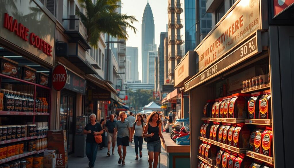 A vibrant street scene in downtown Singapore, with a variety of cafes, shops, and markets lining the bustling sidewalks. In the foreground, a well-stocked convenience store displays an enticing array of instant coffee brands, their packaging gleaming under the warm, golden sunlight filtering through the urban landscape. In the middle ground, pedestrians hurry by, carrying their daily essentials, while in the background, the iconic architecture of Singapore's skyline rises, creating a dynamic and modern backdrop for the scene. The overall atmosphere is one of energy, accessibility, and the convenience of finding the perfect instant coffee to start the day. A vibrant street scene in downtown Singapore, with a variety of cafes, shops, and markets lining the bustling sidewalks. In the foreground, a well-stocked convenience store displays an enticing array of instant coffee brands, their packaging gleaming under the warm, golden sunlight filtering through the urban landscape. In the middle ground, pedestrians hurry by, carrying their daily essentials, while in the background, the iconic architecture of Singapore's skyline rises, creating a dynamic and modern backdrop for the scene. The overall atmosphere is one of energy, accessibility, and the convenience of finding the perfect instant coffee to start the day.