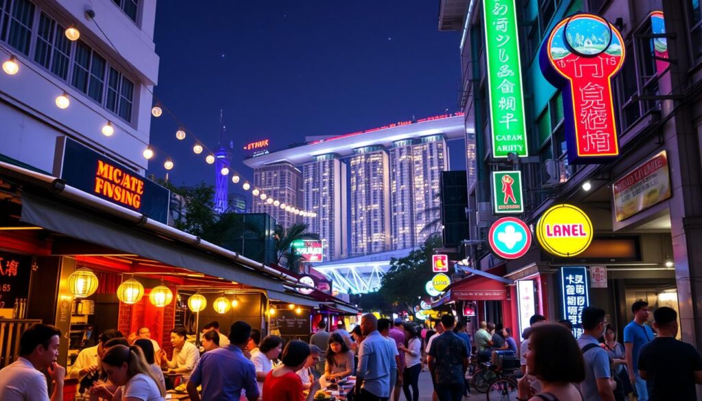 A vibrant street scene in the heart of Singapore's bustling nightlife district. In the foreground, a group of lively diners enjoying a late-night feast at an outdoor restaurant, surrounded by the glow of string lights and lively chatter. In the middle ground, neon signs and illuminated skyscrapers cast a warm, atmospheric light across the scene. In the background, a glimpse of the iconic Marina Bay skyline, its modern architecture silhouetted against a starry night sky. The overall mood is one of energy, indulgence, and the unique blend of modernity and tradition that defines Singapore's dining culture.