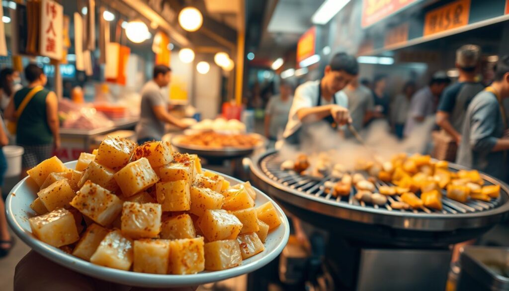 A vibrant street-side scene in Singapore, showcasing the iconic local delicacy - carrot cake (chai tow kway). In the foreground, a plate of freshly prepared carrot cake, its glistening cubes of radish cake, scrambled eggs, and savory seasonings arranged artfully. The middle ground features a bustling hawker stall, with the chef skillfully tossing the ingredients on a sizzling flat-top grill, enveloped in a cloud of fragrant steam. In the background, the lively atmosphere of a Singaporean street market, with colorful stalls, bustling crowds, and the sounds of vendors calling out their wares. Warm, golden lighting casts a cozy glow over the scene, capturing the authentic essence of this beloved local delicacy.