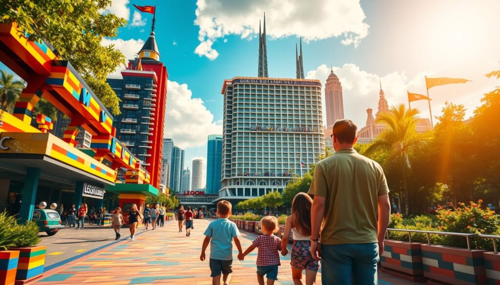 A vibrant, sun-drenched scene of Legoland Malaysia theme park. In the foreground, a family of four strolls along a colorful, brick-paved path, gazing up at towering Lego structures and attractions. The middle ground features a Lego-themed hotel, its facade adorned with iconic bricks and mini-figures. In the background, a Lego-built skyline of skyscrapers and landmarks rises, framed by a bright blue sky with fluffy clouds. The scene is bathed in warm, golden light, creating a welcoming and playful atmosphere that captures the family-friendly spirit of this beloved Lego destination.