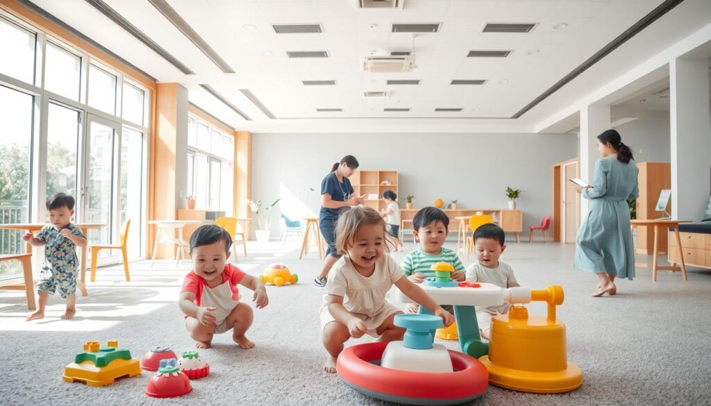 A vibrant, sun-lit interior of a modern infant care center in Singapore. In the foreground, a group of happy, energetic toddlers play with colorful toys on a plush, carpeted floor. In the middle ground, caregivers tenderly attend to the infants, gently rocking them in their arms. The background features an airy, open-concept layout with floor-to-ceiling windows, allowing natural light to flood the space. Warm wooden furniture and pastel-toned accents create a cozy, nurturing ambiance. The scene captures the essence of a high-quality, state-of-the-art infant care facility that prioritizes the holistic development and well-being of young children.