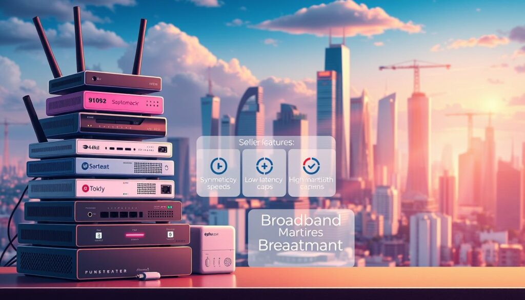A vibrant, technically-detailed illustration of broadband features offered by various internet service providers. In the foreground, a stack of modern networking devices - routers, modems, and dongles - showcasing different brand logos and design aesthetics. The middle ground features a clean, isometric layout of service-specific offerings such as symmetrical speeds, low latency, high bandwidth caps, and smart home integrations. In the background, a cityscape with towering skyscrapers and 5G cell towers, bathed in a warm, futuristic glow, representing the technological infrastructure powering these advanced broadband services. The overall mood is one of innovation, connectivity, and the promise of a seamless, high-performance internet experience.