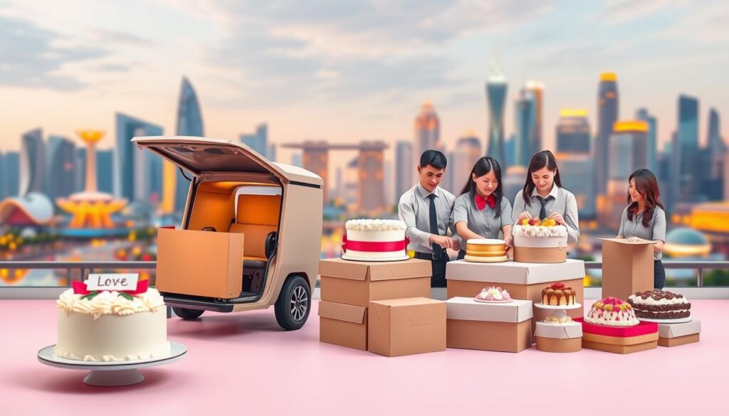 A vibrant, three-dimensional scene showcasing a variety of flexible delivery options for birthday cakes in Singapore. In the foreground, a sleek, modern courier vehicle stands ready to whisk away a tempting, elaborately decorated cake. In the middle ground, a team of courteous delivery personnel in crisp uniforms carefully package cakes of various sizes, shapes, and flavors into secure containers. In the background, a bustling cityscape of iconic Singaporean landmarks provides an energetic backdrop, bathed in warm, golden lighting that conveys a sense of celebration and anticipation. The overall composition highlights the convenience, professionalism, and attention to detail that customers can expect when ordering birthday cakes for delivery in Singapore.