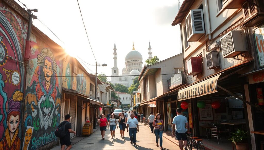 A vibrant urban landscape, the Kampong Gelam Art Trail showcases a captivating tapestry of vibrant street art. In the foreground, intricate murals adorn the weathered walls, their colorful designs and stylized characters bringing the alleyways to life. Midground, pedestrians stroll past quaint shophouses and bustling cafes, immersed in the energetic atmosphere. In the background, the iconic domes of Masjid Sultan rise majestically, blending the historical and the contemporary. Warm sunlight filters through, casting a golden glow and accentuating the textures and shadows. Captured with a wide-angle lens, the scene conveys the lively, artistic spirit of this dynamic neighborhood.