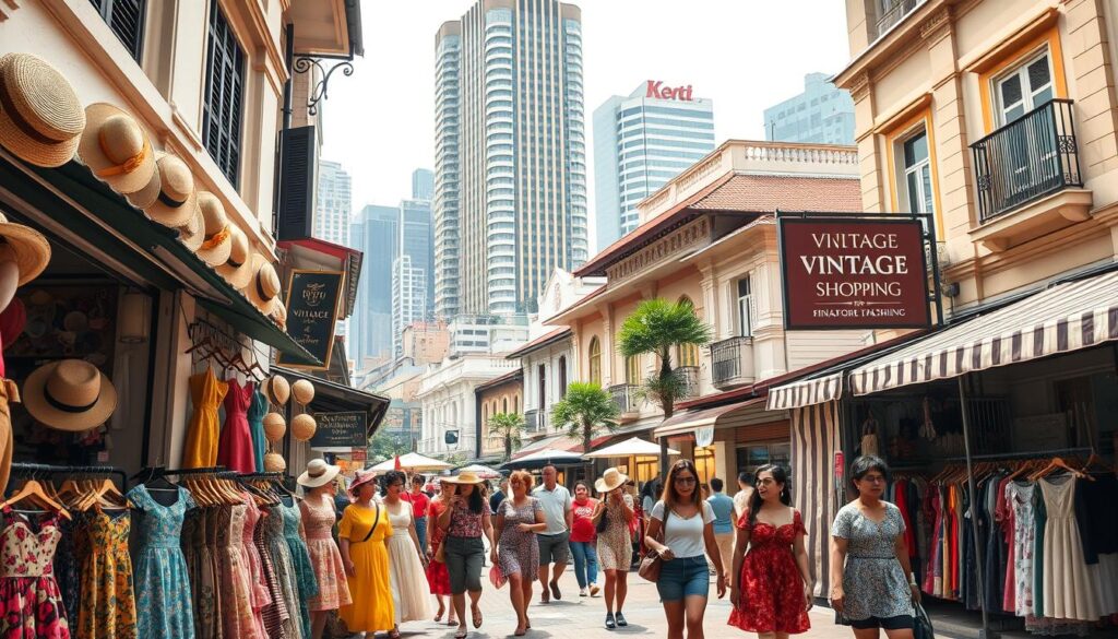 A vibrant vintage fashion shopping scene in Singapore's bustling city center. In the foreground, a quaint shopfront displays an eclectic collection of retro dresses, hats, and accessories, bathed in warm afternoon light. Middle-ground pedestrians weave through the lively street, admiring unique finds in the shop windows. In the background, a blend of historical colonial architecture and modern skyscrapers creates a captivating contrast. The atmosphere is one of discovery and individuality, inviting the discerning shopper to uncover one-of-a-kind vintage treasures.