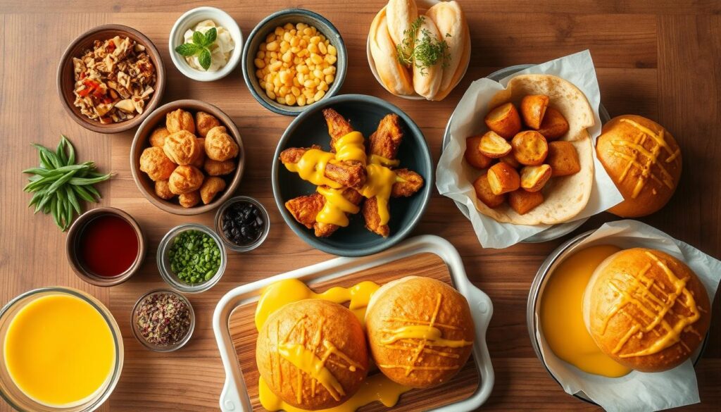 A visually appealing, professionally-styled overhead shot of an assortment of customizable salted egg dishes presented on a wooden table. The foreground features an array of garnishes, sauces, and seasonings arranged artfully, allowing the viewer to envision the various ways the dishes can be personalized. The middle ground showcases the main dishes, which could include crispy chicken, roasted potatoes, and buns, all drizzled in a rich, glossy salted egg sauce. The background has a soft, natural lighting that creates a warm, inviting atmosphere, complementing the rustic, earthy tones of the wooden table and serving ware. The overall composition emphasizes the variety and creativity possible with these salted egg creations.