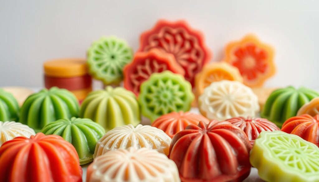 A visually enticing array of freshly crafted ang ku kueh in an inviting display. The foreground showcases an assortment of vibrant, delicately textured ang ku kueh in various shapes and colors, including traditional green and red hues as well as modern interpretations. The middle ground features a clean, minimal backdrop, allowing the pastries to take center stage. Soft, diffused lighting gently illuminates the scene, accentuating the alluring glossy surfaces and intricate patterns of the ang ku kueh. The overall composition conveys a sense of artisanal craftsmanship, traditional heritage, and the desire to savor these beloved Singaporean delicacies.