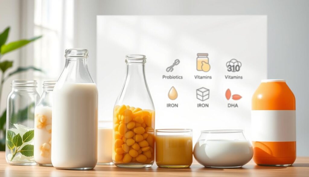 A visually informative illustration depicting the key nutritional components found in quality baby formula. In the foreground, prominently featured glass bottles filled with various nutrient-dense liquids - milk, probiotics, vitamins, minerals. In the middle ground, a clean white backdrop with geometric shapes and icons representing the nutritional elements, such as calcium, iron, DHA, and more. The background is softly blurred, bathed in natural daylight for a crisp, clinical feel. The overall composition is balanced, minimalist, and designed to clearly communicate the essential nutritional makeup of a high-quality infant formula.
