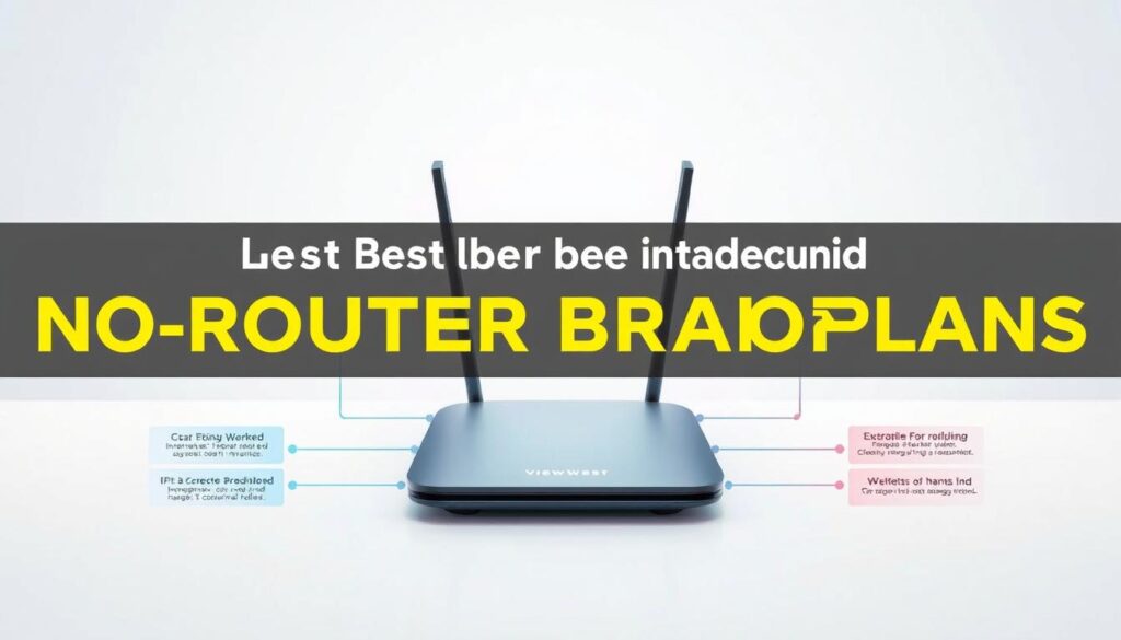 A visually striking and informative illustration of ViewQwest's no-router broadband plans. Set against a clean, minimalist background, a sleek, high-tech router prominently takes center stage, surrounded by vivid infographic-style visuals highlighting the key features and benefits of these advanced plans. Crisp, evenly-lit, and shot from a slightly elevated angle to convey a sense of modern sophistication. The overall tone is professional, modern, and tech-savvy, perfectly complementing the subject matter and the article's focus on the best fiber broadband options in Singapore.