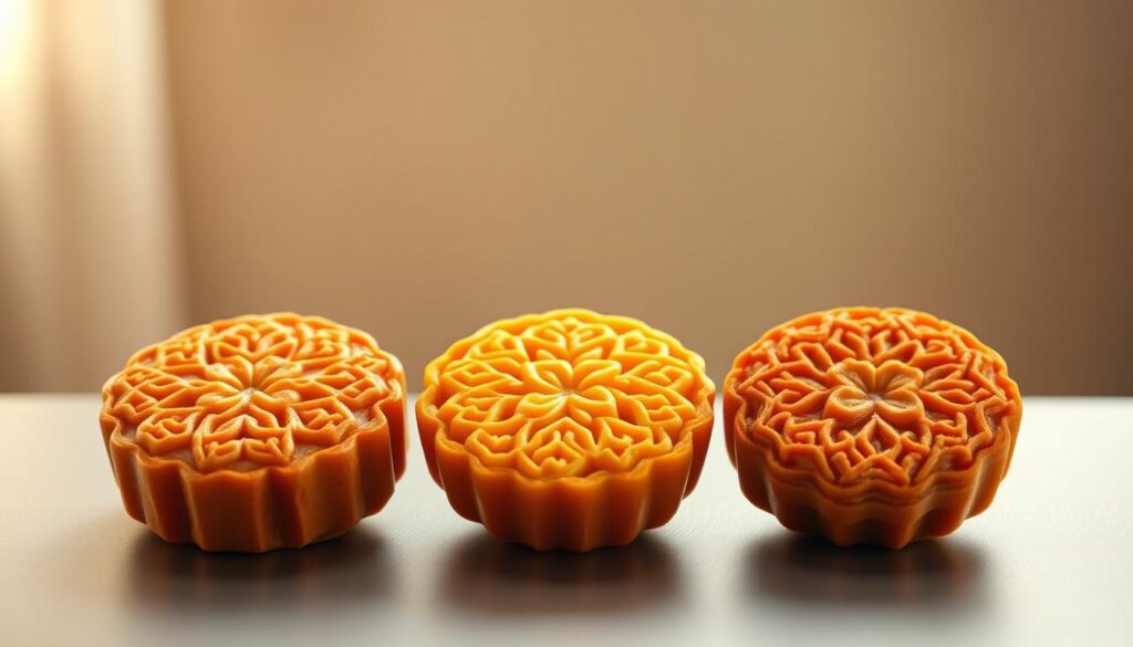 A visually striking durian mooncake comparison, showcasing three distinct grades side-by-side. Warm, natural lighting illuminates the luscious, golden-hued mooncakes, each with its own unique pattern and texture. The foreground features the mooncakes, meticulously arranged on a sleek, minimalist surface, allowing the viewer to closely inspect and compare their qualities. The middle ground subtly fades into a soft, slightly blurred background, creating a sense of depth and focus. The overall mood is one of refined elegance, highlighting the artisanal craftsmanship and premium nature of these exceptional durian delicacies.
