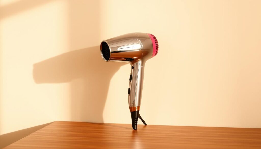 A voltage-compatible travel hair dryer, its sleek chrome body gleaming under warm, ambient lighting. The device sits atop a minimalist, wooden surface, casting a soft, diffused shadow. In the background, a clean, neutral-toned wall provides a simple, elegant backdrop, allowing the hair dryer to take center stage. The image conveys a sense of practicality and sophistication, capturing the essential features that make this hair dryer suitable for use in Singapore's diverse voltage environments.