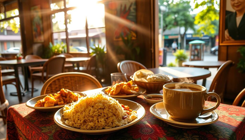 A warm, sun-drenched Indonesian cafe nestled in the lush greenery of Somerset, Singapore. In the foreground, a table adorned with a vibrant batik tablecloth, laden with an array of mouthwatering brunch dishes - fragrant nasi goreng, golden-fried telur dadar, and a steaming cup of aromatic kopi. The middle ground features the cafe's rustic wooden interior, with rattan furnishings and walls adorned with vibrant Indonesian artwork. Sunlight filters through large windows, casting a soft, golden glow over the scene. In the background, glimpses of verdant trees and the bustling streets of the neighborhood can be seen, creating a sense of tranquility and connection to the local community. The overall atmosphere exudes a cozy, authentic Indonesian ambiance, inviting the viewer to savor the flavors and culture of this hidden culinary gem.