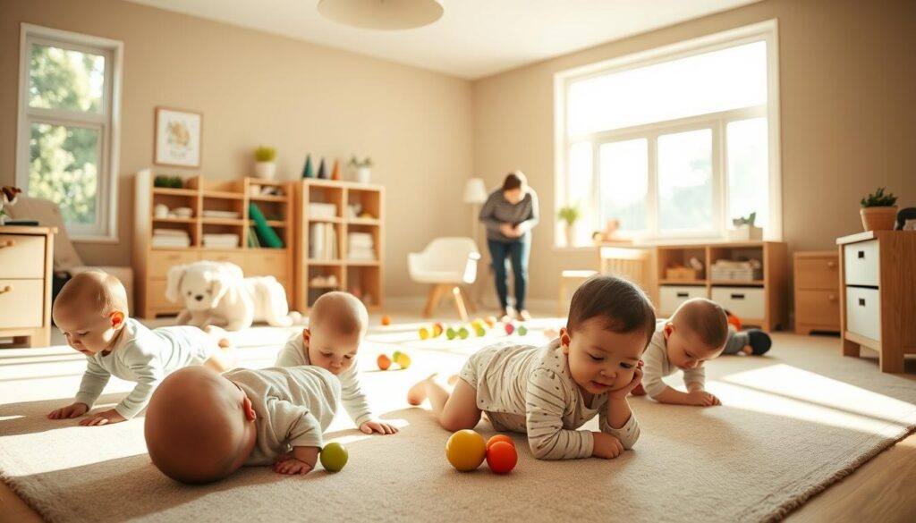 A warm, welcoming nursery interior with natural light streaming through large windows. In the foreground, a group of infants engaged in gentle, nurturing activities like tummy time, cuddling, and sensory exploration with soft, colorful toys. The middle ground features Mulberry Learning's distinctive approach, showcased through educational materials, developmentally appropriate furniture, and caregivers guiding the infants with a calm, attentive demeanor. The background depicts a soothing, earth-toned color palette, creating a serene, calming atmosphere conducive to infant wellbeing. Subtle, documentary-style lighting and a slightly wide-angle lens capture the holistic, child-centric nature of Mulberry Learning's innovative infant care approach.