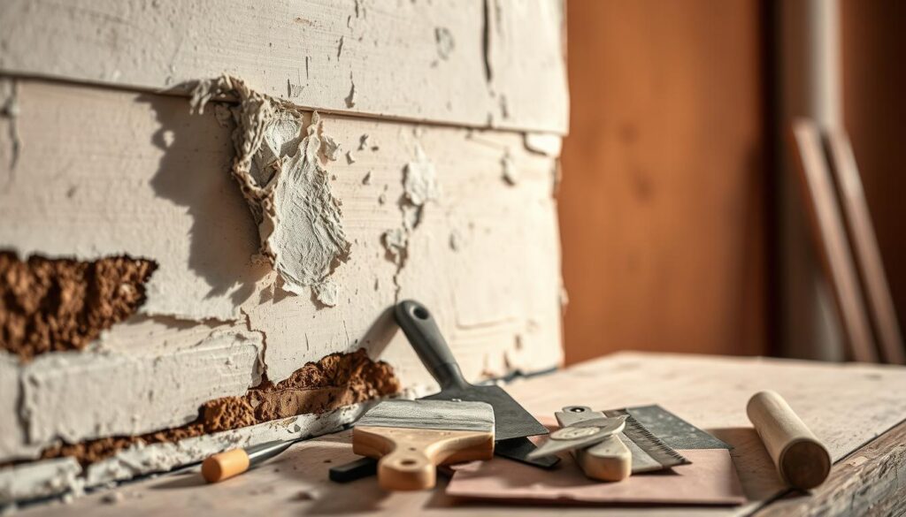 A weathered exterior wall with peeling, chipped paint. In the foreground, a skilled painter meticulously scrapes away the old, flaking layers, revealing the underlying surface. Soft, diffused lighting casts gentle shadows, accentuating the texture and depth of the damaged paint. In the middle ground, a collection of painting tools - brushes, putty knives, and sandpaper - stand ready to tackle the restoration process. The background blurs into a warm, muted palette, creating a sense of focus on the critical task at hand. The overall atmosphere conveys a sense of professionalism and attention to detail, perfectly capturing the essence of "Common Painting Challenges We Solve."