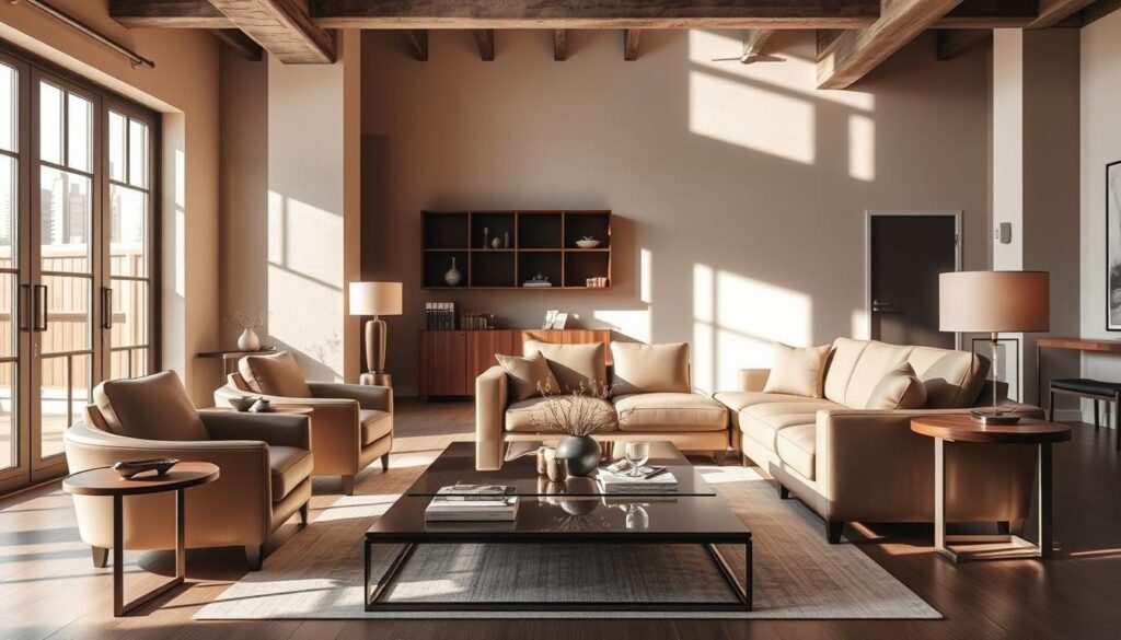 A well-appointed, modern living room featuring premium furniture in a warm and inviting loft-style setting. Soft, indirect lighting illuminates high-quality leather armchairs and a plush, oversized sofa in neutral tones. A sleek, minimalist coffee table and end tables in polished wood and metal create a harmonious, elegant aesthetic. Sunlight streams in through large windows, casting a cozy glow on the space. The room exudes a sense of refined luxury and exceptional attention to detail, reflecting the premium quality and exceptional service of the featured furniture brand.