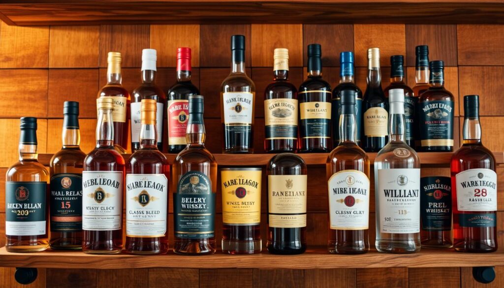 A well-curated selection of affordable whiskeys, artfully arranged on rustic wood shelves against a warm, amber-toned backdrop. The bottles, ranging from classic blends to intriguing single malts, are captured in soft, diffused lighting, showcasing their inviting labels and distinct character. The scene conveys a sense of accessible luxury, where quality meets accessibility, perfect for everyday enjoyment by the discerning whiskey enthusiast.