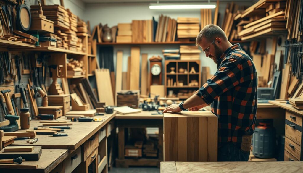 A well-equipped carpentry workshop filled with an array of tools and materials. In the foreground, a skilled carpenter carefully crafts a wooden cabinet, their hands expertly guiding the tools. The middle ground showcases various woodworking projects, from intricate furniture to custom shelving. In the background, a softly lit, organized space with ample storage for lumber and other supplies. The scene conveys a sense of professionalism, attention to detail, and a comprehensive range of carpentry services available. Warm lighting casts a cozy ambiance, emphasizing the craftsmanship and expertise at the heart of this carpentry workshop.