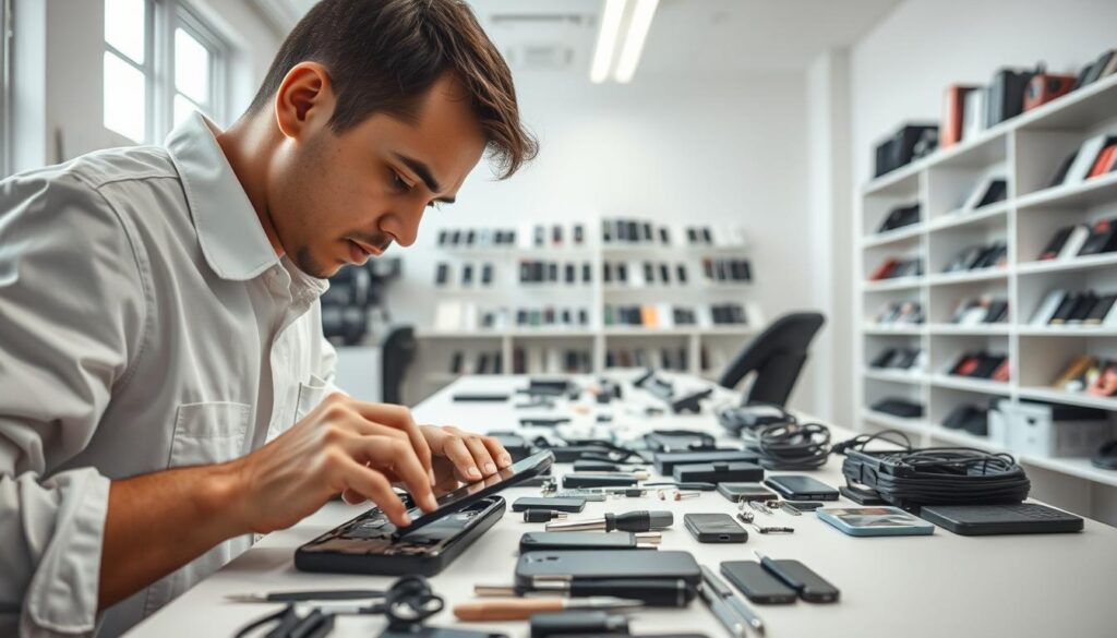 A well-equipped mobile phone repair workshop, illuminated by soft, natural lighting from large windows. In the foreground, a technician meticulously examines the internal components of a disassembled smartphone, a look of deep concentration on their face. Arranged neatly on the workbench are an array of specialized tools, cables, and spare parts. In the middle ground, shelves lined with various phone models and accessories suggest the breadth of services offered. The background showcases a minimalist, clean, and organized space, conveying a sense of professionalism and attention to detail. The overall scene evokes a serene, efficient, and customer-centric mobile phone repair experience.