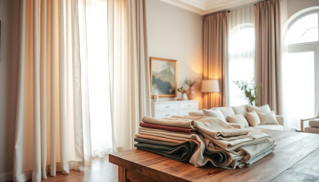 A well-lit and elegantly composed interior scene showcasing various curtain selection criteria. In the foreground, a large window adorned with sheer curtains, highlighting fabric texture and draping. In the middle ground, a collection of fabric swatches, arranged neatly on a wooden table, displaying an array of colors, patterns, and materials. The background features a warm, inviting living space with neutral-toned walls, soft lighting, and minimal décor, allowing the curtain selection to take center stage. The overall atmosphere conveys a sense of refinement, attention to detail, and a thoughtful approach to curating the perfect curtains for a harmonious home environment. A well-lit and elegantly composed interior scene showcasing various curtain selection criteria. In the foreground, a large window adorned with sheer curtains, highlighting fabric texture and draping. In the middle ground, a collection of fabric swatches, arranged neatly on a wooden table, displaying an array of colors, patterns, and materials. The background features a warm, inviting living space with neutral-toned walls, soft lighting, and minimal décor, allowing the curtain selection to take center stage. The overall atmosphere conveys a sense of refinement, attention to detail, and a thoughtful approach to curating the perfect curtains for a harmonious home environment.