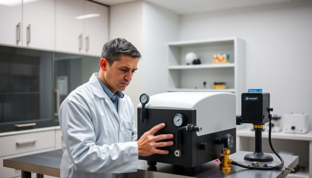 A well-lit and organized laboratory setting, with a technician in a white lab coat carefully examining a humidifier on a sturdy testing workbench. The humidifier is surrounded by various measurement instruments, such as hygrometers and flow meters, capturing its performance data. Soft, diffused lighting illuminates the scene, creating a professional and scientific atmosphere. The background features sleek, modern cabinetry and shelves, hinting at a comprehensive testing process. The technician's expression is one of focused concentration, underscoring the meticulous nature of the humidifier evaluation.