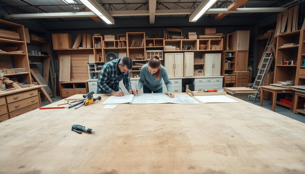 A well-lit carpentry studio with a large wooden workbench in the foreground, featuring various tools and materials. In the middle ground, a carpenter and a client poring over architectural plans and sketches laid out on the table, engaged in an in-depth design consultation. The background showcases an array of finished carpentry products, such as shelves, cabinets, and custom-made furniture, conveying the carpenter's expertise and the wide range of services offered. The overall atmosphere is one of collaboration, creativity, and attention to detail, reflecting the meticulous design process that leads to exceptional carpentry work.