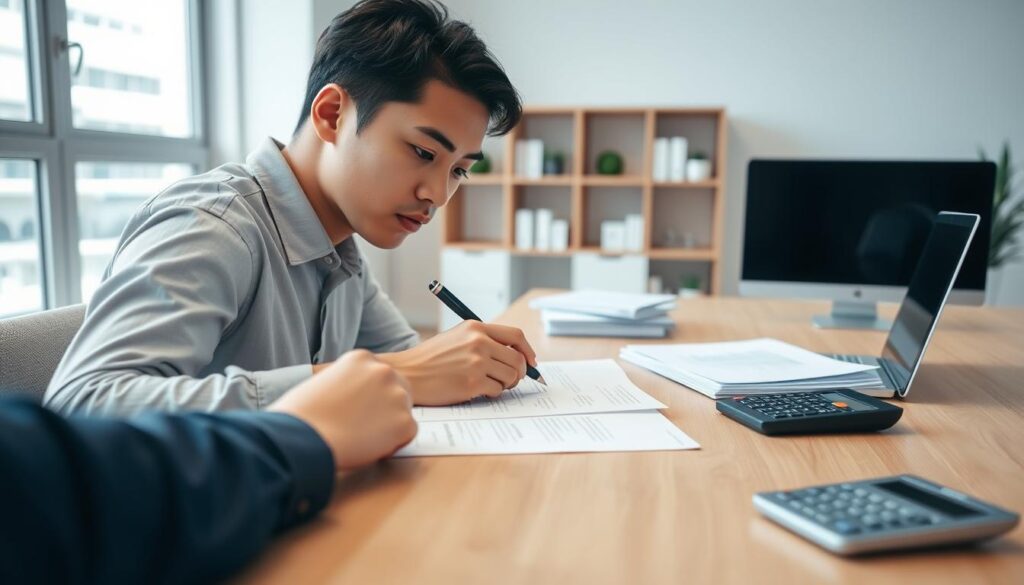 A well-lit, clean and organized office environment with a laptop, documents, and a pen on a wooden desk. In the foreground, a person is filling out a balance transfer application form, with a focused expression. The middle ground features a stack of documents and a calculator, suggesting the financial nature of the task. The background showcases a minimalist, modern decor with a large window allowing natural light to fill the space, creating a sense of professionalism and efficiency. The overall atmosphere is one of calm concentration and attention to detail, reflecting the careful process of applying for a balance transfer in Singapore.