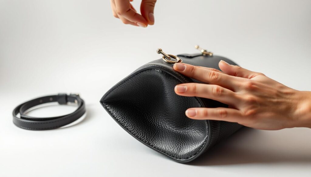 A well-lit close-up of a luxury designer handbag undergoing a thorough condition assessment. The bag is placed on a clean, white background, allowing its premium materials and intricate details to be clearly visible. A professional's hand gently examines the bag, inspecting the leather's supple texture, the metal hardware's pristine finish, and the overall structural integrity. The lighting is soft and diffused, highlighting the bag's luxurious sheen. The composition is balanced, with the bag occupying the central focus, surrounded by a minimal, clutter-free environment that conveys a sense of careful evaluation and attention to detail.
