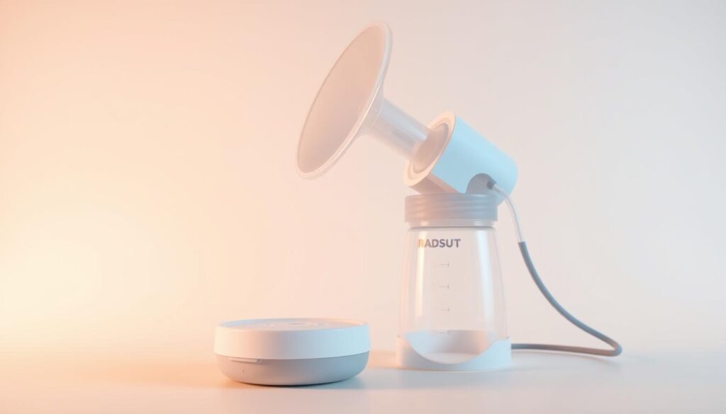 A well-lit, close-up photograph of a modern, high-quality breast pump against a clean, minimalist background. The pump's components are clearly visible, showcasing its sleek, ergonomic design. The image conveys the pump's efficiency and ease of use, highlighting its key features that enable breastfeeding mothers to express milk easily and effectively. The lighting is soft and warm, creating a soothing, reassuring atmosphere that emphasizes the benefits of using a breast pump to support breastfeeding, even for mothers who are able to nurse their babies directly.