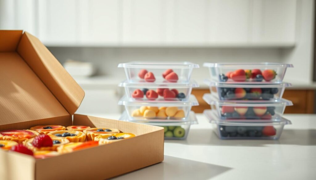 A well-lit, close-up photograph of various delivery and storage tips for fruit tarts. In the foreground, an open box of fresh fruit tarts, neatly arranged with a focus on the vibrant colors and textures of the fruits. In the middle ground, a set of clear plastic containers showcasing proper storage methods to maintain the tarts' freshness and integrity. In the background, a clean, minimal kitchen counter or table, illuminated by soft, natural lighting, creating a calming and appetizing atmosphere. The image should convey a sense of care, attention to detail, and practical guidance for enjoying the finest fruit tarts.