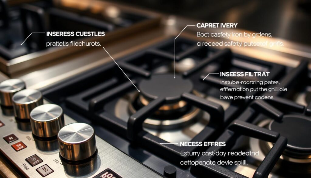 A well-lit, close-up view of a modern gas hob showcasing its crucial safety features. The foreground prominently displays the hob's control panel, highlighting the intuitive knobs, digital displays, and safety lockout mechanisms. In the middle ground, a series of gas burners with sturdy cast-iron grates and recessed design, ensuring stability and preventing spills. The background subtly reveals the overall sleek, stainless-steel construction of the hob, conveying a sense of high-quality and durable craftsmanship. The lighting is warm and evenly distributed, accentuating the various safety elements and creating a professional, informative atmosphere.
