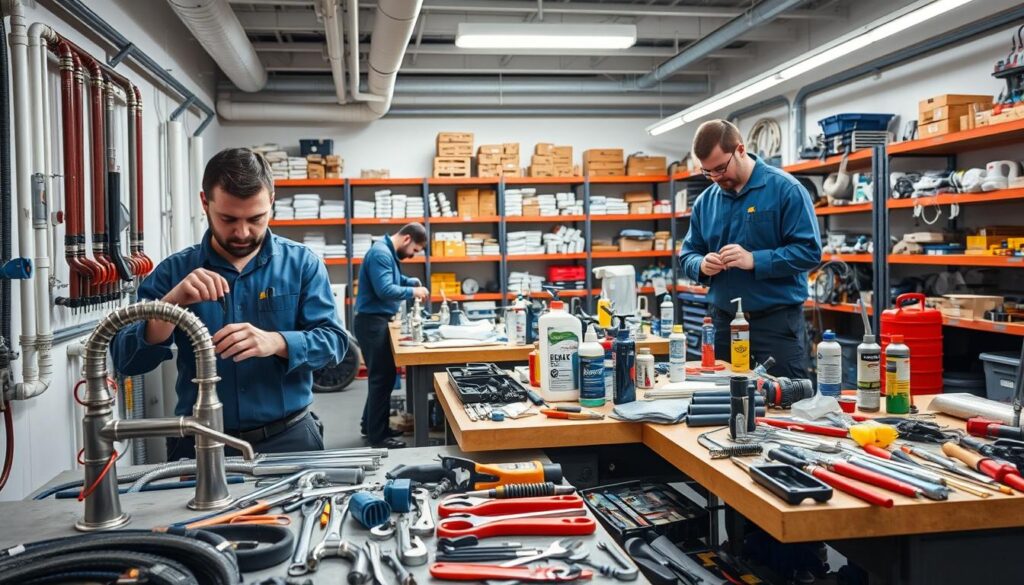 A well-lit commercial plumbing workshop, featuring a team of skilled technicians tending to various plumbing fixtures and systems. In the foreground, a technician carefully inspects a faucet, while others work on repairing pipes and installing new fixtures. The middle ground showcases an assortment of plumbing tools, including wrenches, pipes, and sealants, neatly organized on workbenches. In the background, shelves filled with replacement parts and supplies create a sense of a comprehensive, well-stocked service. The overall scene conveys professionalism, expertise, and a dedication to providing comprehensive plumbing solutions.