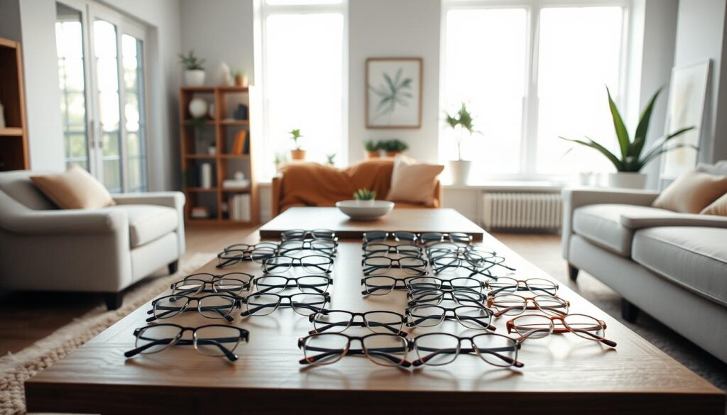A well-lit, contemporary home interior with a centered coffee table displaying various eyeglass frames. The frames are arranged in an organized, visually appealing manner, inviting the viewer to examine them closely. Soft, natural lighting filters through large windows, creating a warm, inviting atmosphere. In the background, a minimalist bookshelf and potted plants add depth and a sense of lived-in comfort. The overall scene conveys the convenience and personalized experience of a home try-on program, where customers can comfortably explore eyewear options from the comfort of their own space.
