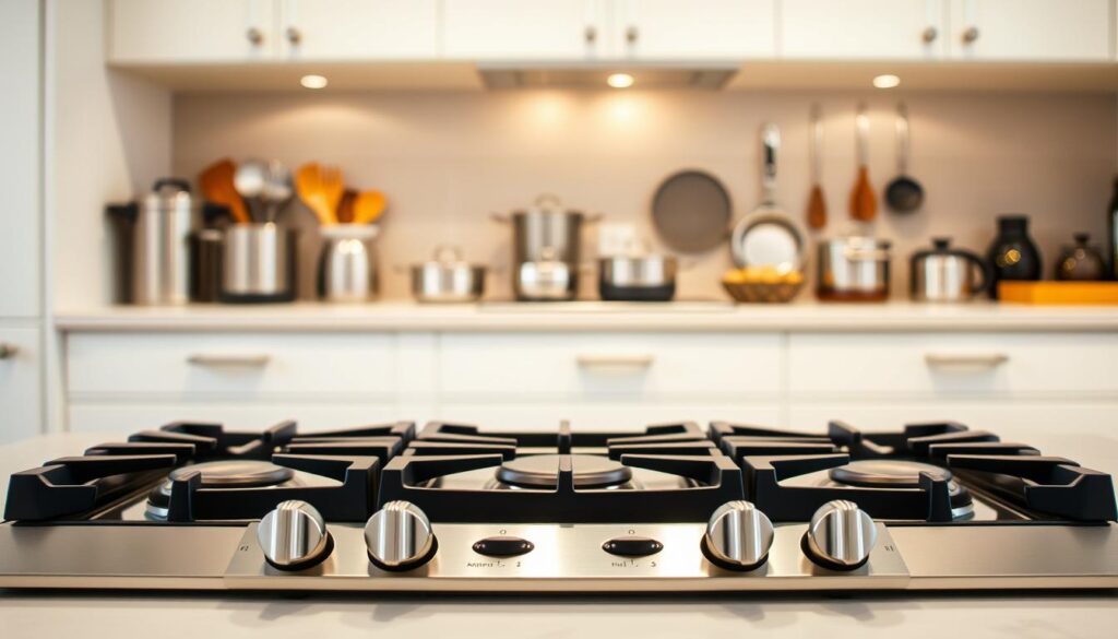A well-lit, contemporary kitchen setting with a prominent gas hob in the foreground. The hob features a sleek, stainless steel design with four burners and intuitive control knobs. The middle ground showcases various cooking utensils, pots, and pans neatly arranged, suggesting a functional and organized workspace. In the background, a neutral-toned backsplash and cabinetry create a minimalist, yet inviting atmosphere. The lighting is soft and warm, creating a cozy ambiance suitable for a modern, budget-friendly kitchen. The overall scene conveys a sense of practicality, efficiency, and style within a reasonable price range.