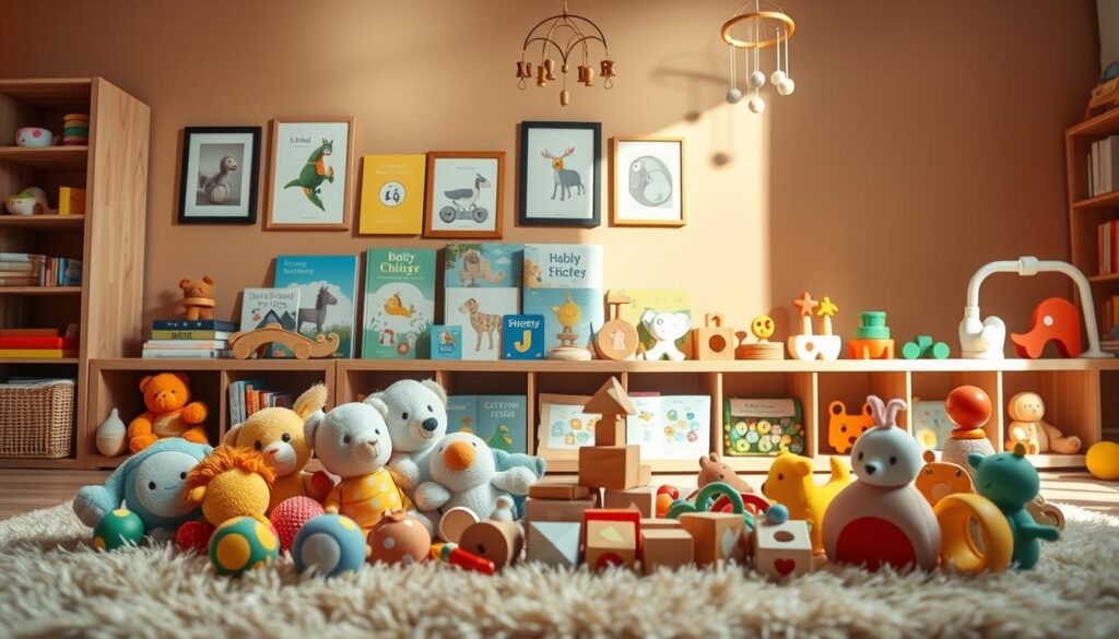 A well-lit, cozy nursery scene showcasing an array of charming baby and toddler toys. In the foreground, a cluster of colorful plush animals, wooden building blocks, and rattles sits atop a soft, plush rug. The middle ground features a wooden shelf displaying an assortment of picture books, educational puzzles, and interactive shape sorters. The background depicts a warm, neutral-toned wall adorned with framed artwork and a decorative mobile hanging overhead, casting gentle shadows. The overall mood is one of comfort, learning, and exploration, perfectly capturing the essence of a Singapore toy store catering to the needs of young children.