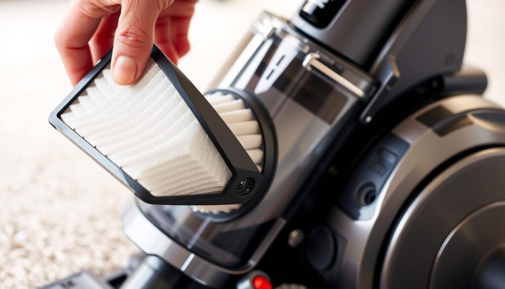 A well-lit, detailed close-up of a vacuum cleaner's internal components, showcasing proper maintenance techniques. In the foreground, a hand is gently removing the filter, while the middle ground reveals the vacuum's HEPA filter and other intricate parts. The background is a clean, neutral workspace, emphasizing the importance of a tidy environment for effective vacuum upkeep. The lighting is soft and directional, highlighting the textures and colors of the various components. The overall mood is informative and instructional, guiding the viewer through the steps of maintaining a high-performance vacuum cleaner.
